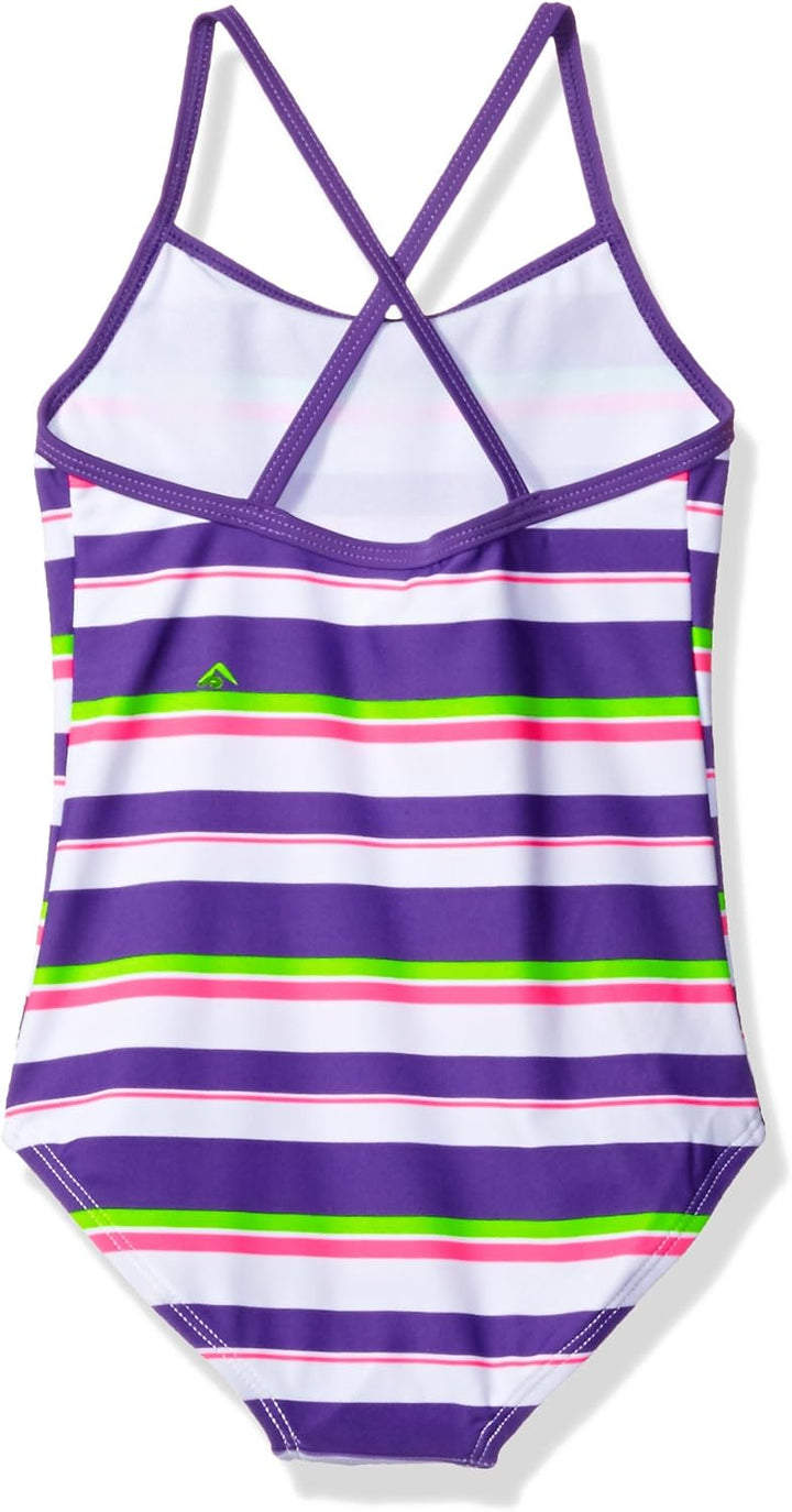 Kanu Surf Girls' Big Beach Sport Banded 1 Piece Swimsuit, Layla Purple Stripe, 7