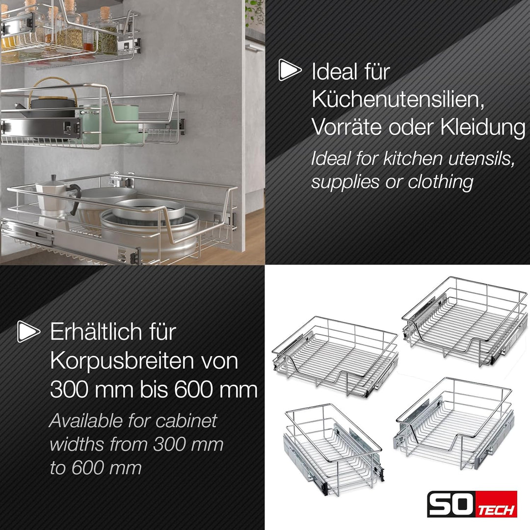 60 cm Teleskopschublade mit SoftClose 25 Kg Tragkraft Chrom poliert Drahtkorbauszug von SO-TECH® Für