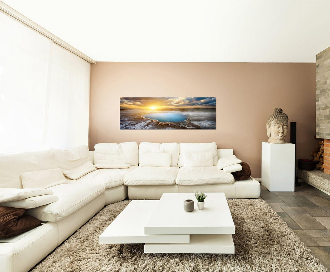 Paul Sinus Art Panoramabild auf Leinwand und Keilrahmen 150x50cm Island Heissquelle Wolken Sonnenunt
