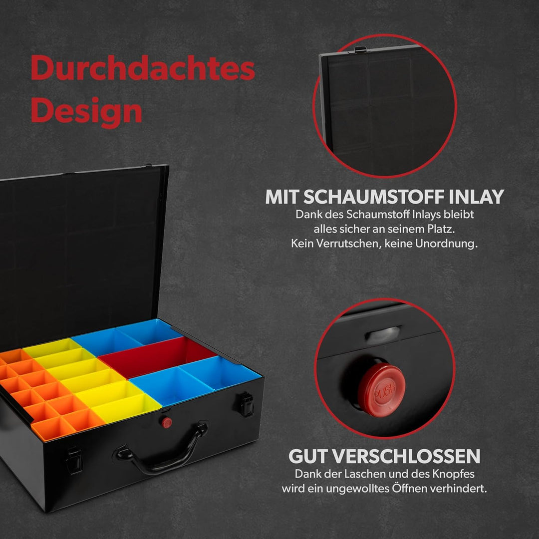 Stahlblechkoffer mit 7 tlg. Sortimentskasten, 32,7 x 22,2 x 6,8 cm, Sortierbox aus Stahl, Werkzeug O