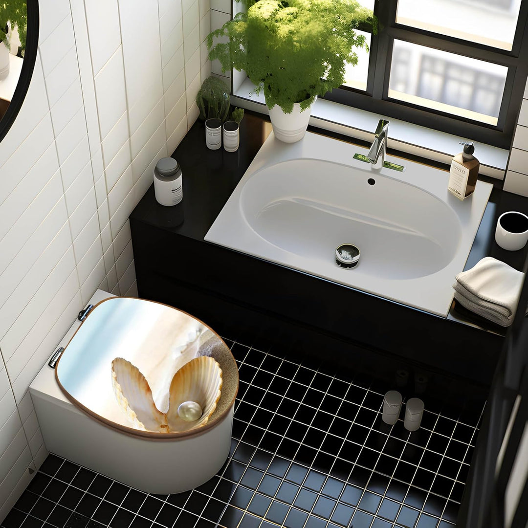 banjado® Design WC Sitz Bambus Absenkautomatik mit Motiv Perlenmuschel/Toilettendeckel mit Absenkaut