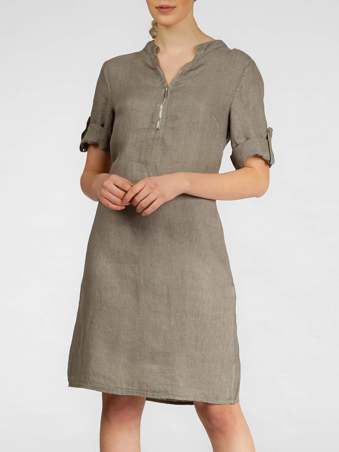 Caspar SKL037 stylisches knielanges Damen Sommer Leinenkleid mit Reissverschluss Ausschnitt 36 Taupe