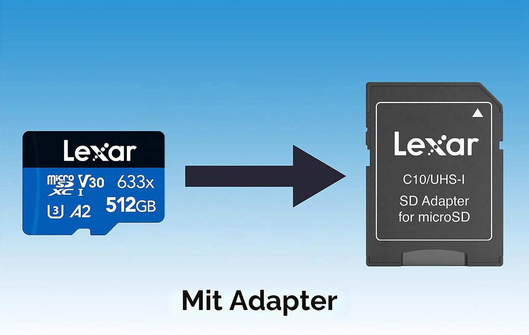 Lexar 633x 512GB Micro SD Karte, microSDXC UHS-I Karte + SD-Adapter, Bis zu 100 MB/s Lesen, Speicher