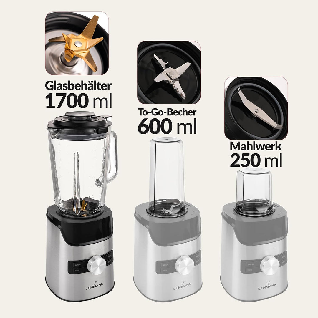 LEHMANN Standmixer mit Glasbehälter 1,7 L & Mix-und-go-Behälter, 10 Geschwindigkeiten, Puls & 3 Prog