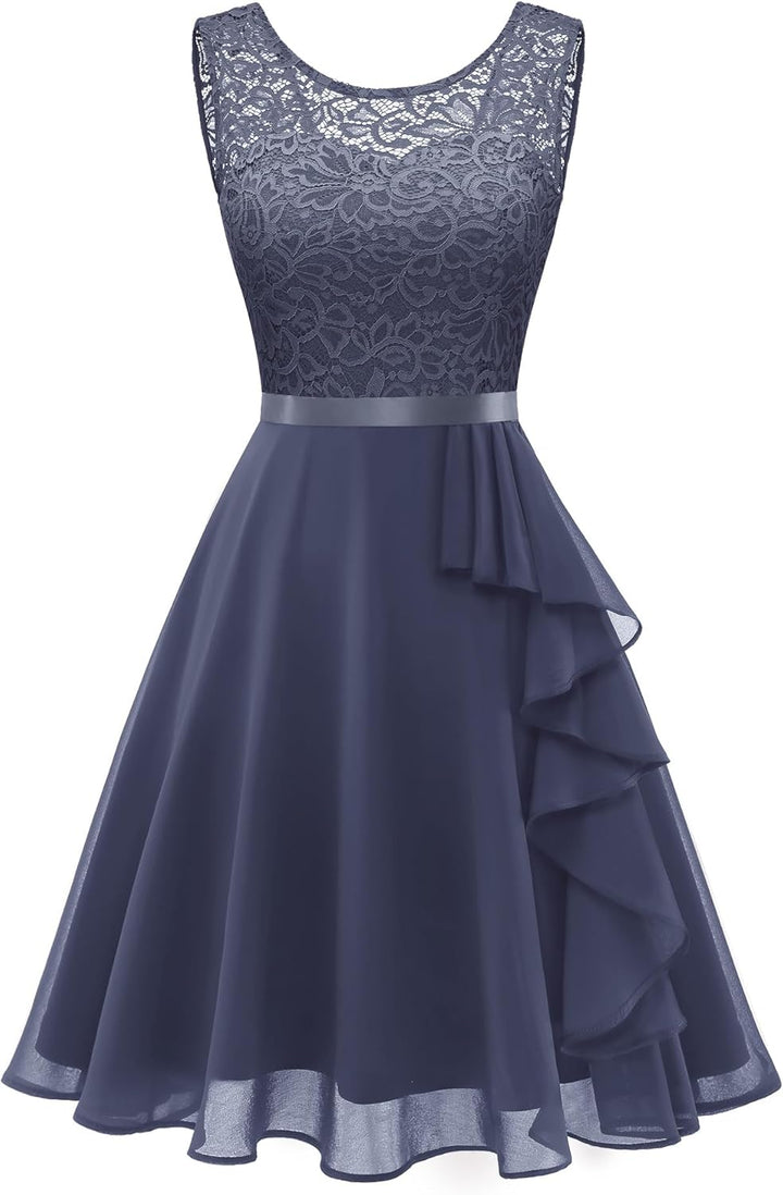 Berylove Kleid mit Rüschensaum Cocktailkleid Damen Elegant für Hochzeit Abendkleid Kurz Blau 3XL, Bl