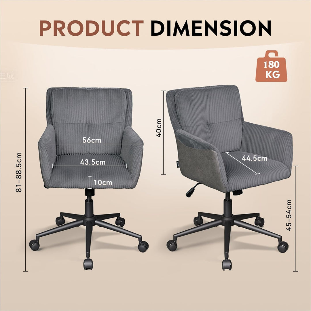 DEVAISE Homeoffice Stuhl Cord Stoff Dunkelgrau, Ergonomischer Schminktischstuhl mit Kissen, höhenver