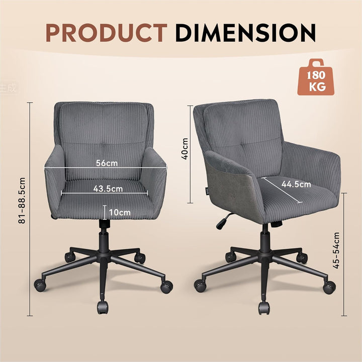 DEVAISE Homeoffice Stuhl Cord Stoff Dunkelgrau, Ergonomischer Schminktischstuhl mit Kissen, höhenver