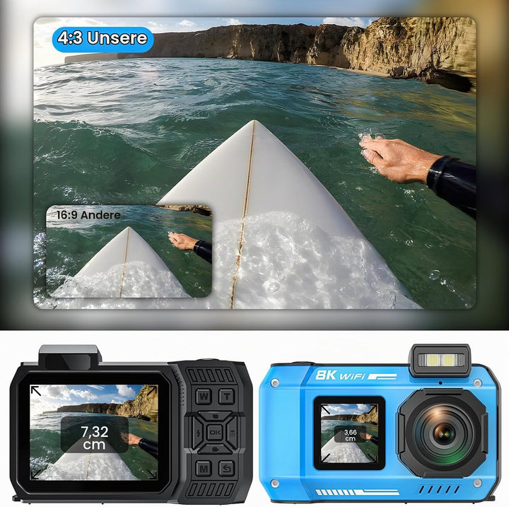 Unterwasserkamera, 8K 70MP 33FT WiFi wasserdichte Digitalkamera | Selfie mit zwei Bildschirmen Autof