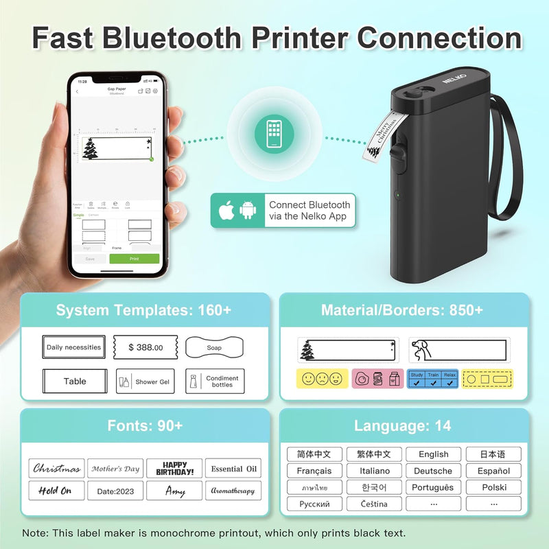 Nelko Etikettendrucker, Bluetooth P21 Selbstklebendes Etikettiergerät Tragbarer Beschriftungsgerät s