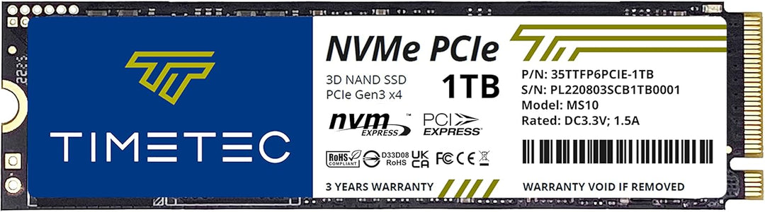 Timetec 1TB SSD NVMe PCIe Gen3x4 8 Gb/s M.2 2280 3D NAND TLC 600 TBW Hochleistungs-SLC-Cache Lese-/S