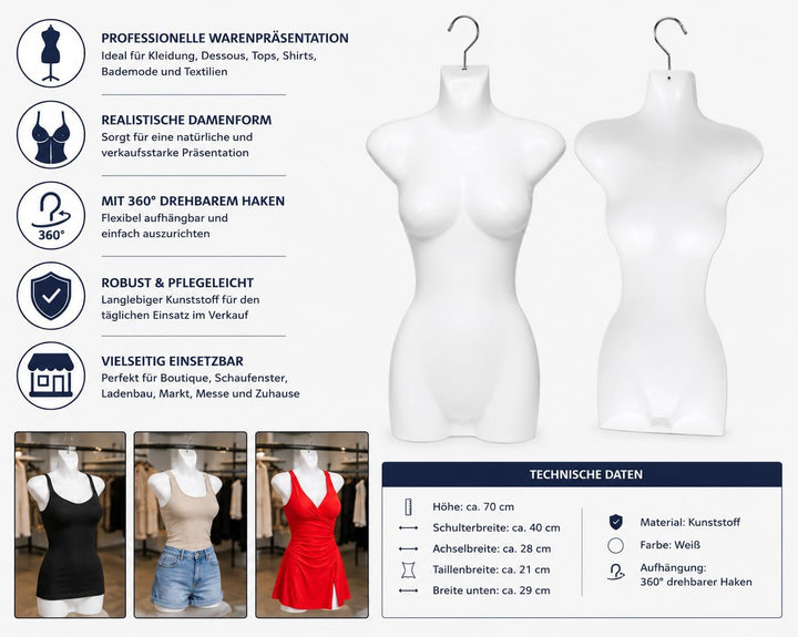 1 x Torso Weiblich - 66 cm Damentorso aus Kunststoff - Oberkörper Halbplastik in Farbe weiss - Manne
