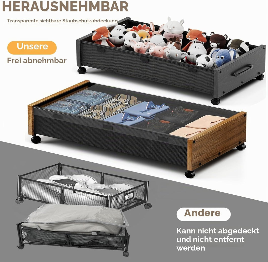 Holz-Unterbett-Aufbewahrung mit Rollen, 80L Extra-grosse rollende Unterbett-Aufbewahrungsboxen 2er-P