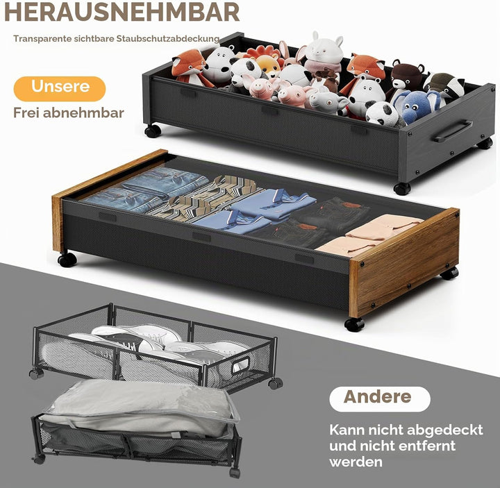 Holz-Unterbett-Aufbewahrung mit Rollen, 80L Extra-grosse rollende Unterbett-Aufbewahrungsboxen 2er-P