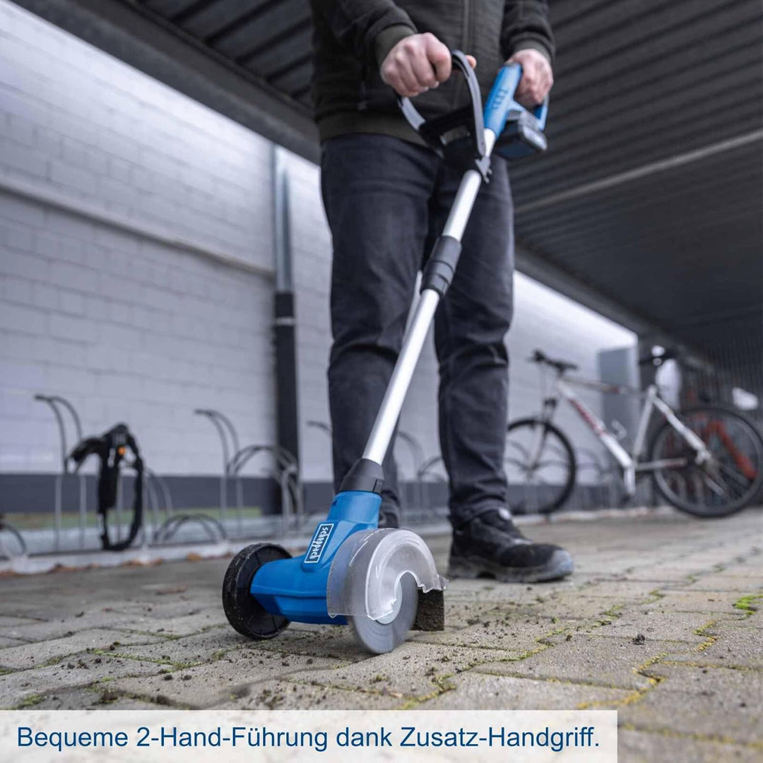 Scheppach Akku Unkrautbürste C-FR100-X Fugenbürste mit Teleskopfunktion | BürstenØ 115 mm | Führungs