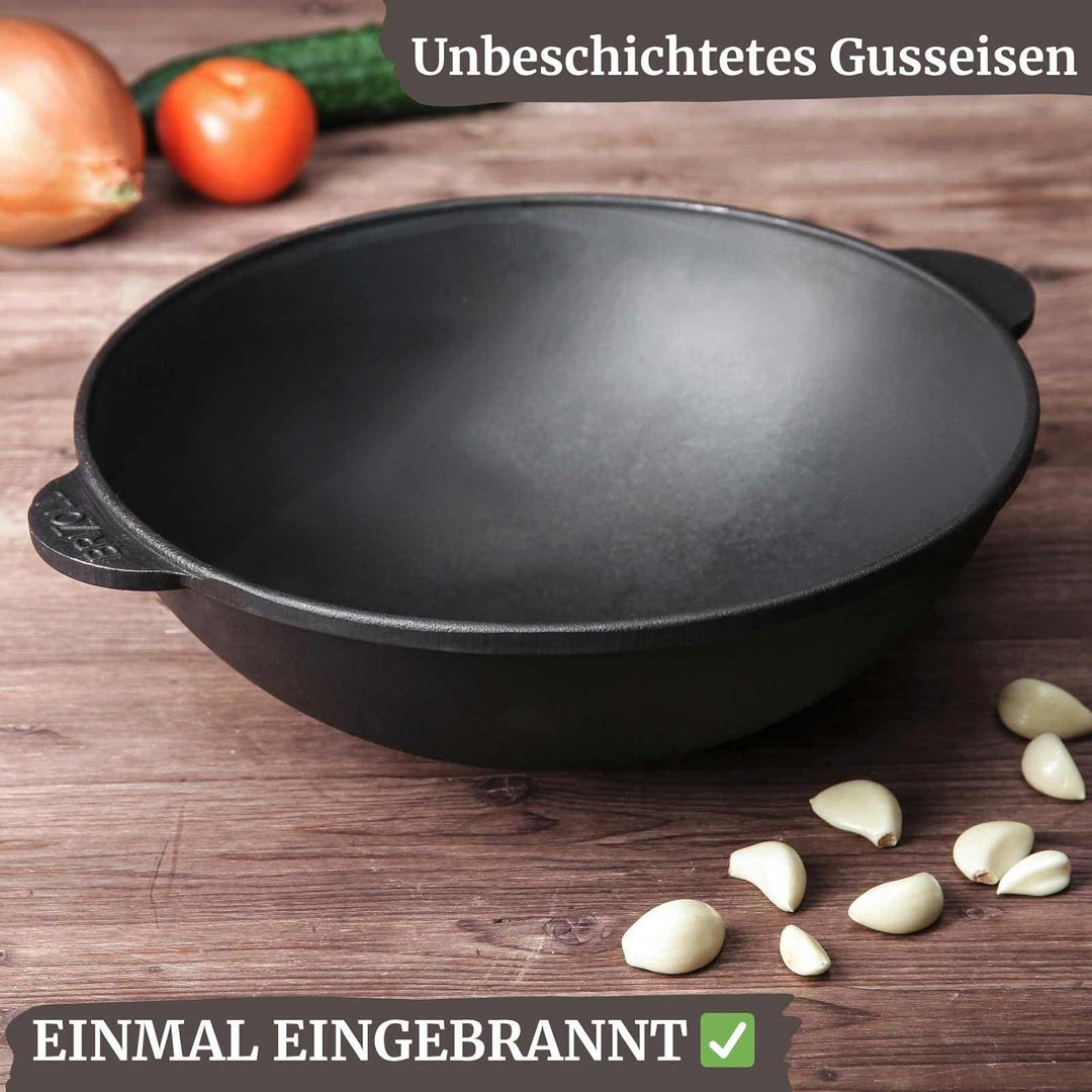 BIG-PAN Wokpfanne Gusseisen 30 cm, 4,7 L für alle Herdarten inkl. Induktion Asia Wok Bratpfanne Schm