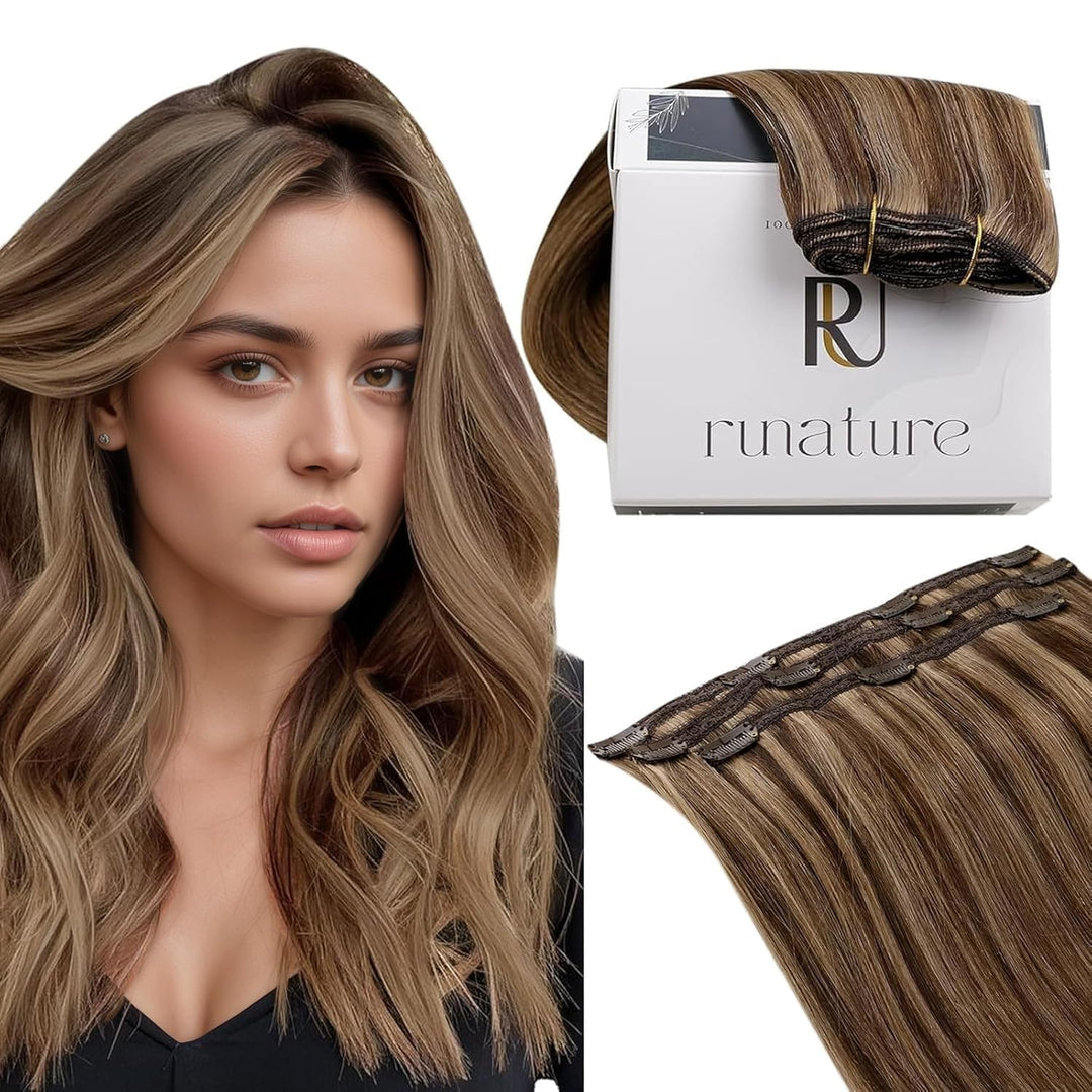 RUNATURE Echthaar Extensions Clip Braun Hervorheben 25cm 3pcs Clip in Extensions Echthaar Seamless C