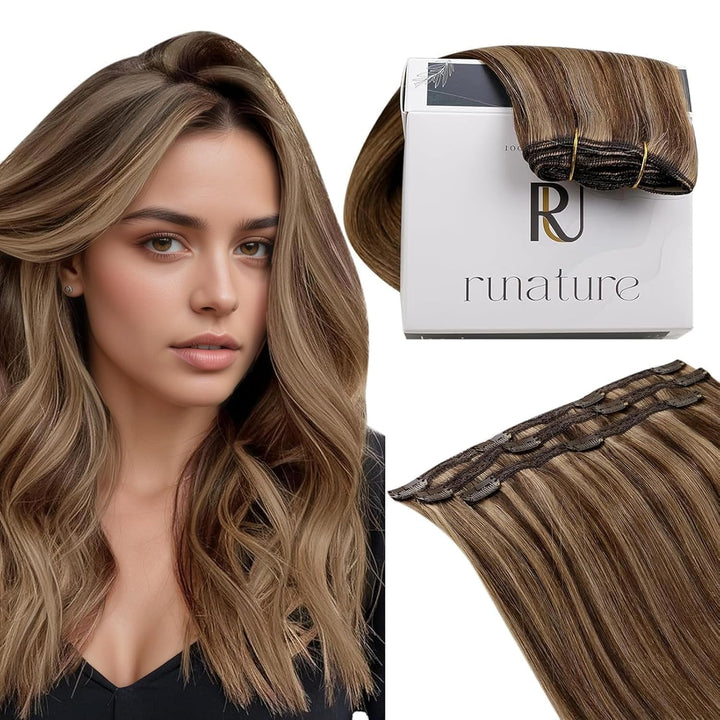 RUNATURE Echthaar Extensions Clip Braun Hervorheben 25cm 3pcs Clip in Extensions Echthaar Seamless C