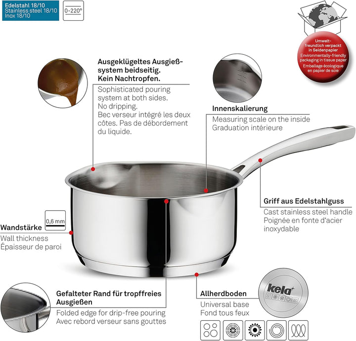 kela Stielkasserolle Flavoria, Durchmesser 16 cm, 1,3 L, Edelstahl 18/10, Allherdboden, mit Innenska
