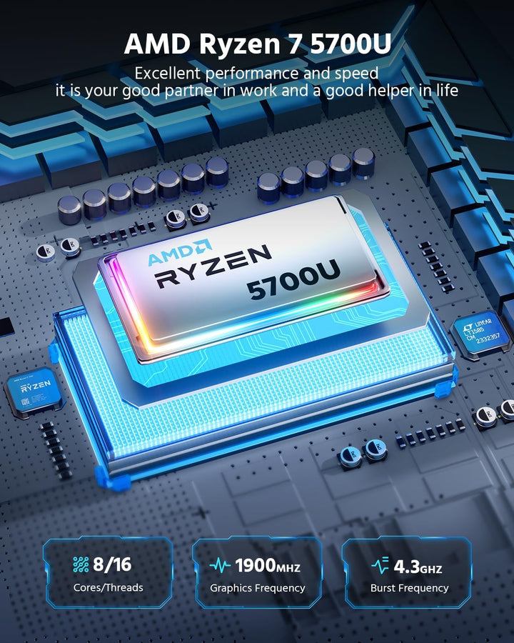 NiPoGi Mini PC, AMD Ryzen 7 5700U(Bis zu 4.3 GHz,8C/16T) 16GB DDR4 512GB SSD Micro Desktop Computer