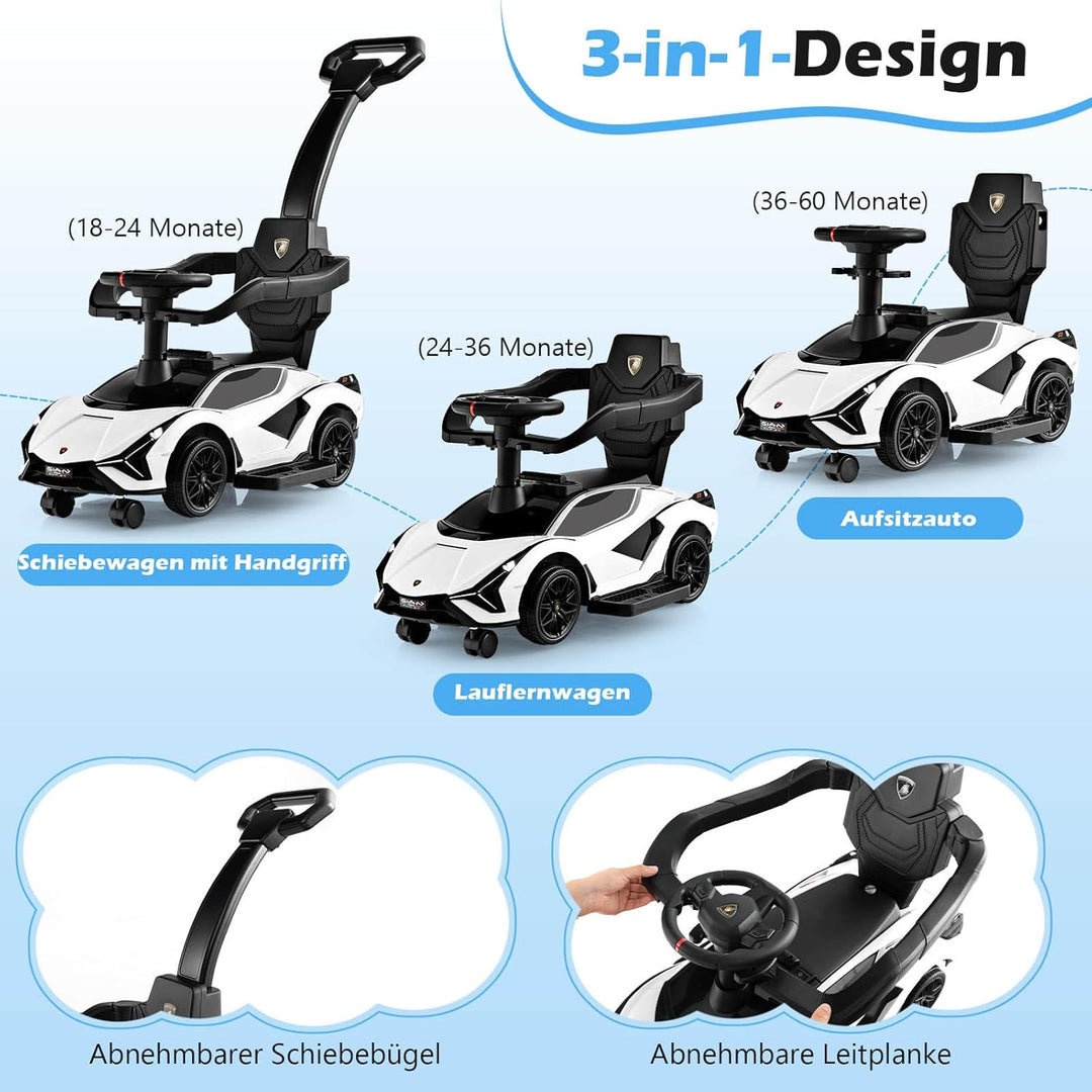 GOPLUS 3 in 1 Rutschauto, Lamborghini Schiebauto mit abnehmbarem Universalrad, USBs, Musik, Stauraum