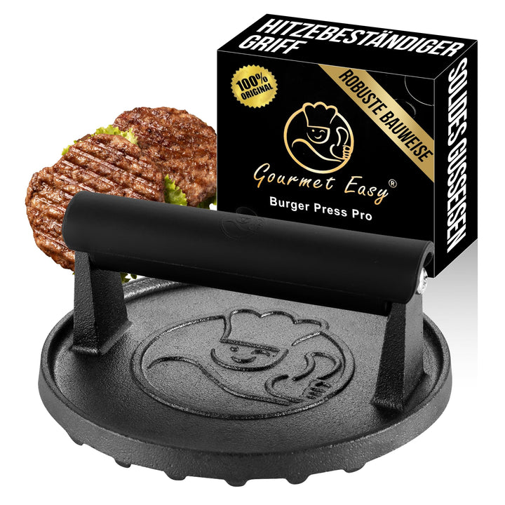 Burgerpresse Gusseisen antihaft | Grosser Burger Smasher (Ø15cm) mit hitzeabweisendem Griff | Fleisc