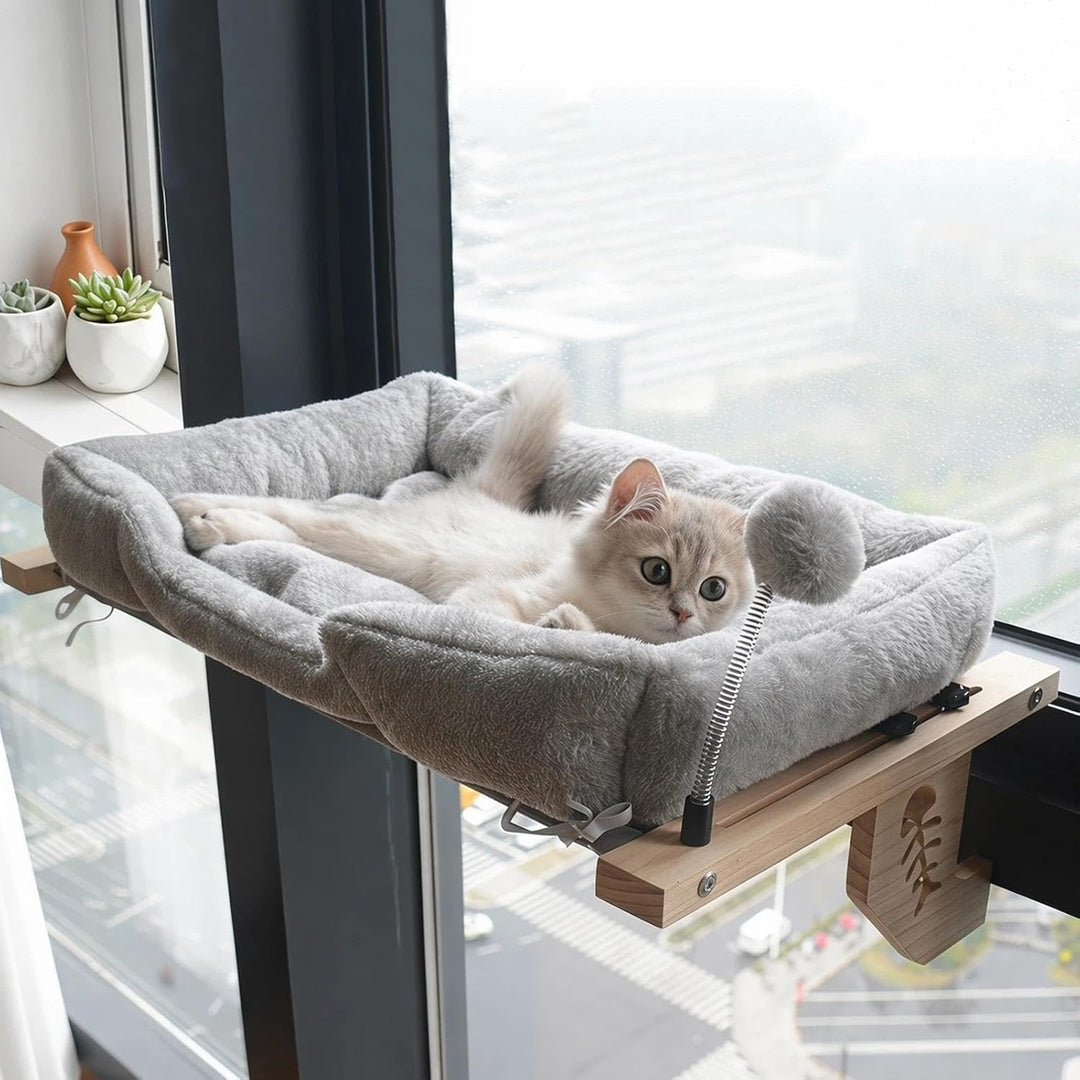 Katzen Fensterbett Ruheplatz Mit Plüschkissen Und Ball | Indoor Katzenbett für die Wohnung Für Zuhau