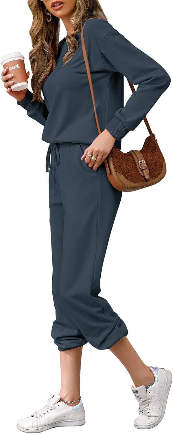 REORIA Damen Tracksuit Langarm Rundhalsausschnitt Einfarbig Zweiteiler Outfit Hoodie Jogger Training