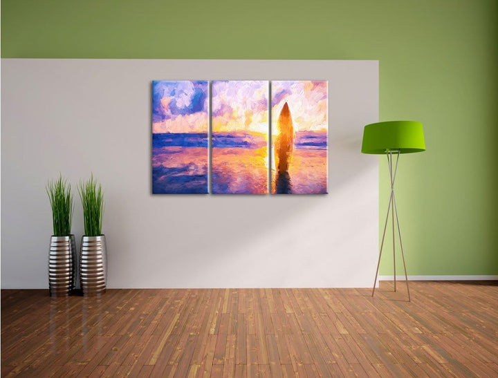 Pixxprint Surfbrett am Strand als Leinwandbild/Grösse: 3 Teilig (120x80 cm) cm/Wandbild/Kunstdruck/f