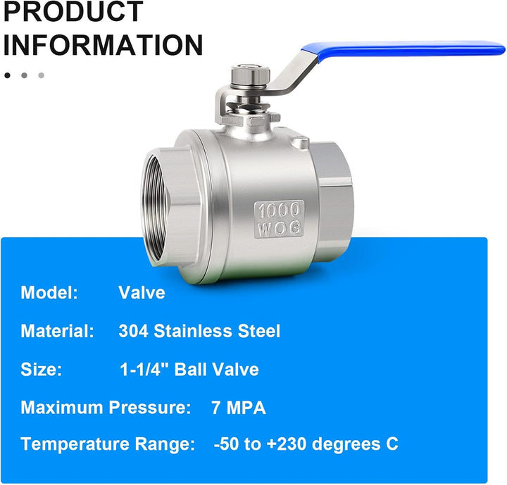 ERGAOBOY 1 Stück 1-1/4" BSP-Innengewinde Hochleistungs-Kugelhahn mit vollem Durchgang aus Edelstahl