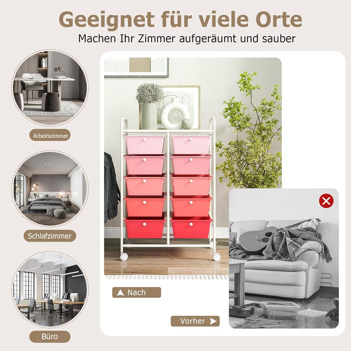GOPLUS Rollwagen mit 10 Schubladen stapelbar, Rollcontainer mit Ablage & Metallgestell, Badregal, Au