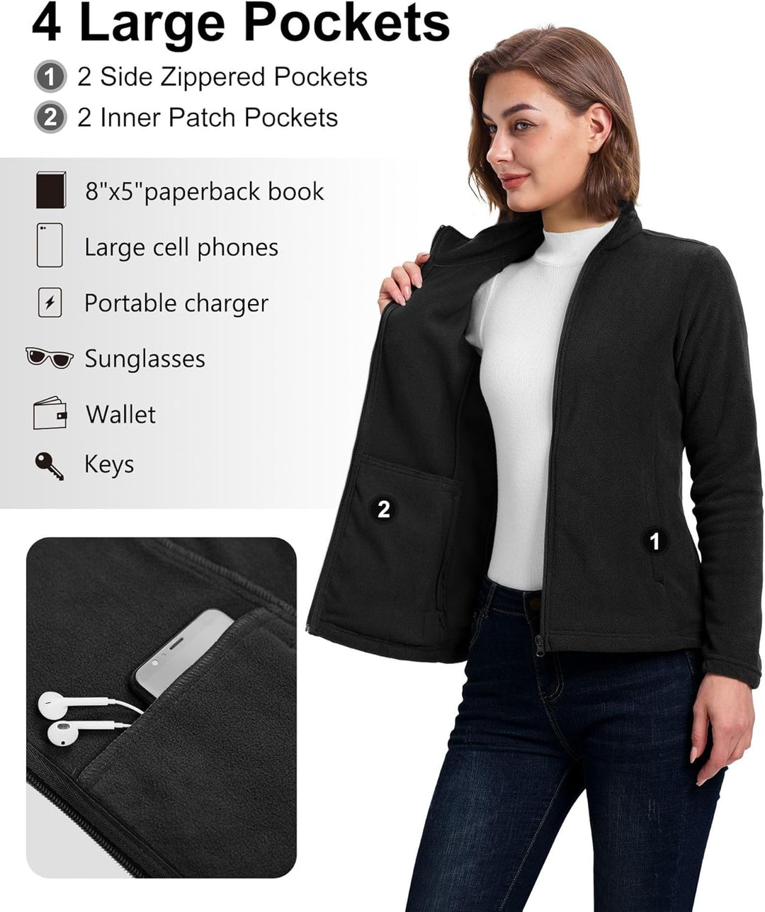 33,000ft Damen Fleecejacke mit Durchgehendem Reissverschluss Stehkragen Damen Leichte Fleece Jacke A