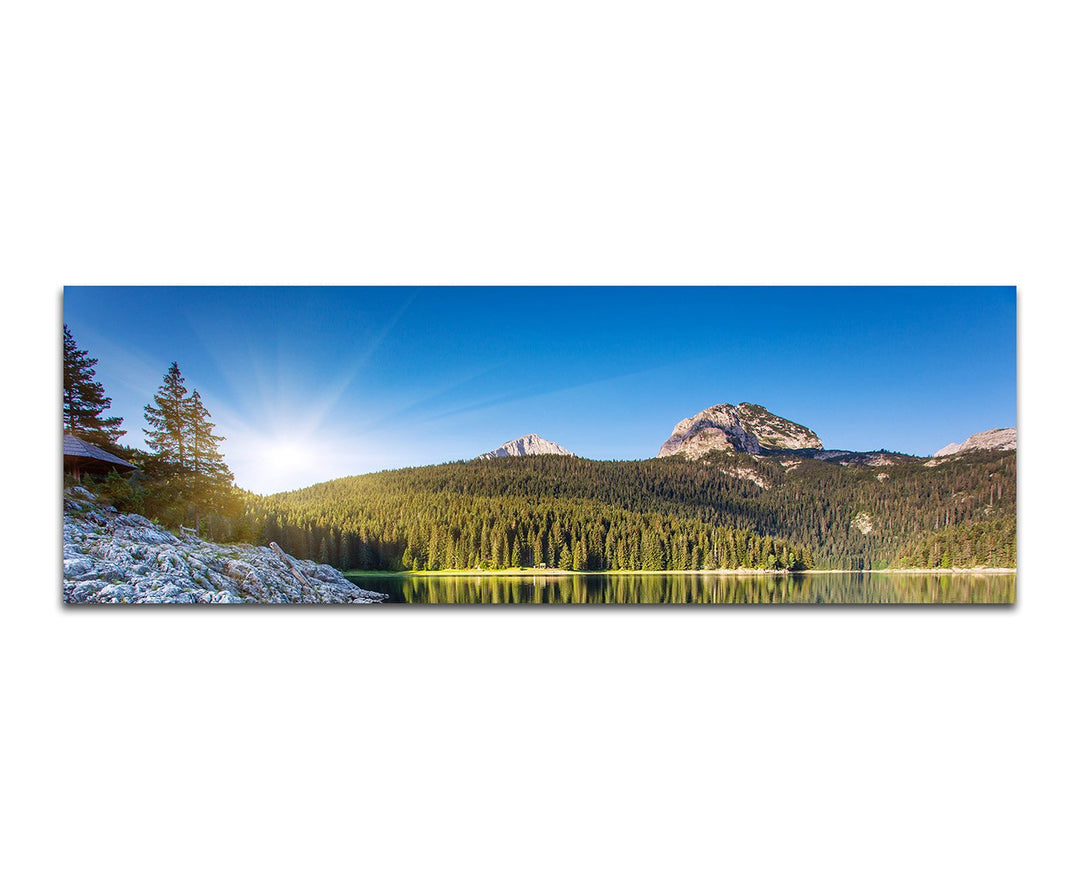 Paul Sinus Art Panoramabild auf Leinwand und Keilrahmen 150x50cm Montenegro Nationalpark See Boote B