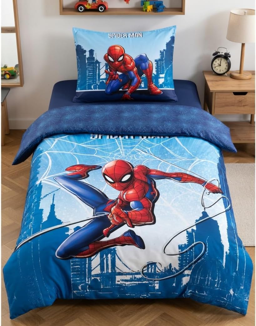 Jerry Fabrics Kinder Bettwäsche Set Wendebettwäsche Spider-Man City Spinnen Netze blau, Bezug Bettde