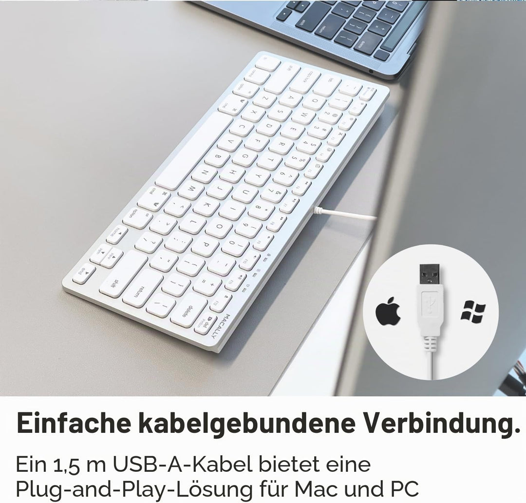 Macally SLIMKEYCA, kompakte USB -A-Tastatur für Mac, US QWERTY Tasten-Layout Silber, Silber