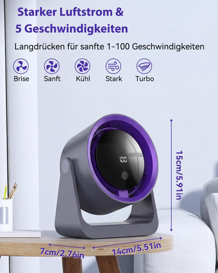 Timiyou Tischventilator Leise mit LED-Anzeige, 100 Geschwindigkeitsstufen, USB-Aufladbar & Tragbar –