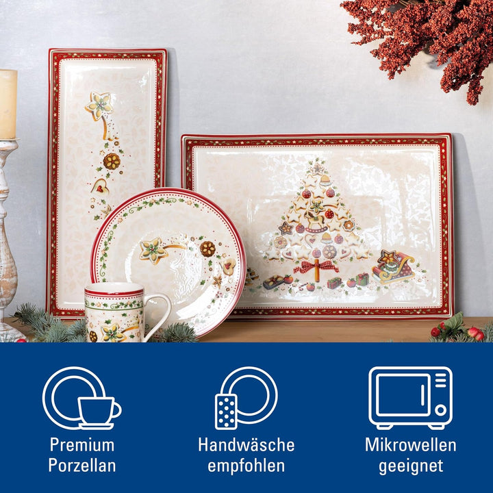 Villeroy und Boch Winter Bakery Delight Rechteckige Kuchenplatte, Premium Porzellan, Weiss/Rot/Beige