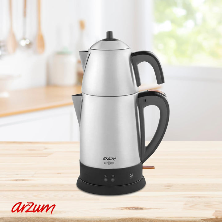 ARZUM Cayci Lux Inox Teemaschine, türkische Teekanne, Rostfreier Stahl, 0,7 lt Topfinhalt, 1,8 lt Ka