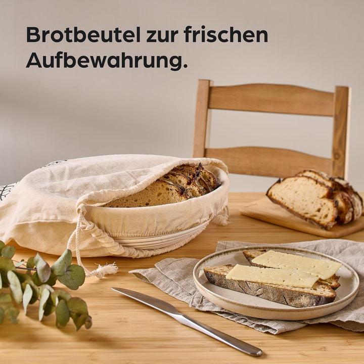 Praknu Gärkorb zum Brotbacken 2er Set - Aus nachhaltigem Rattan - Rund - 30cm - Set inkl. Bürste, Le