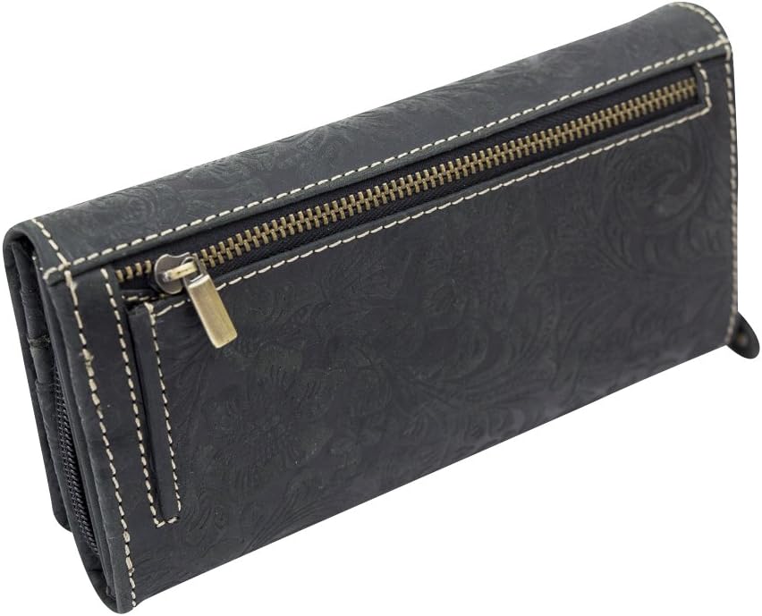 Grosse Damenlangbörse Natur Damen Portemonnaie im Vintage Look LEAS in Echt-Leder, schwarz
