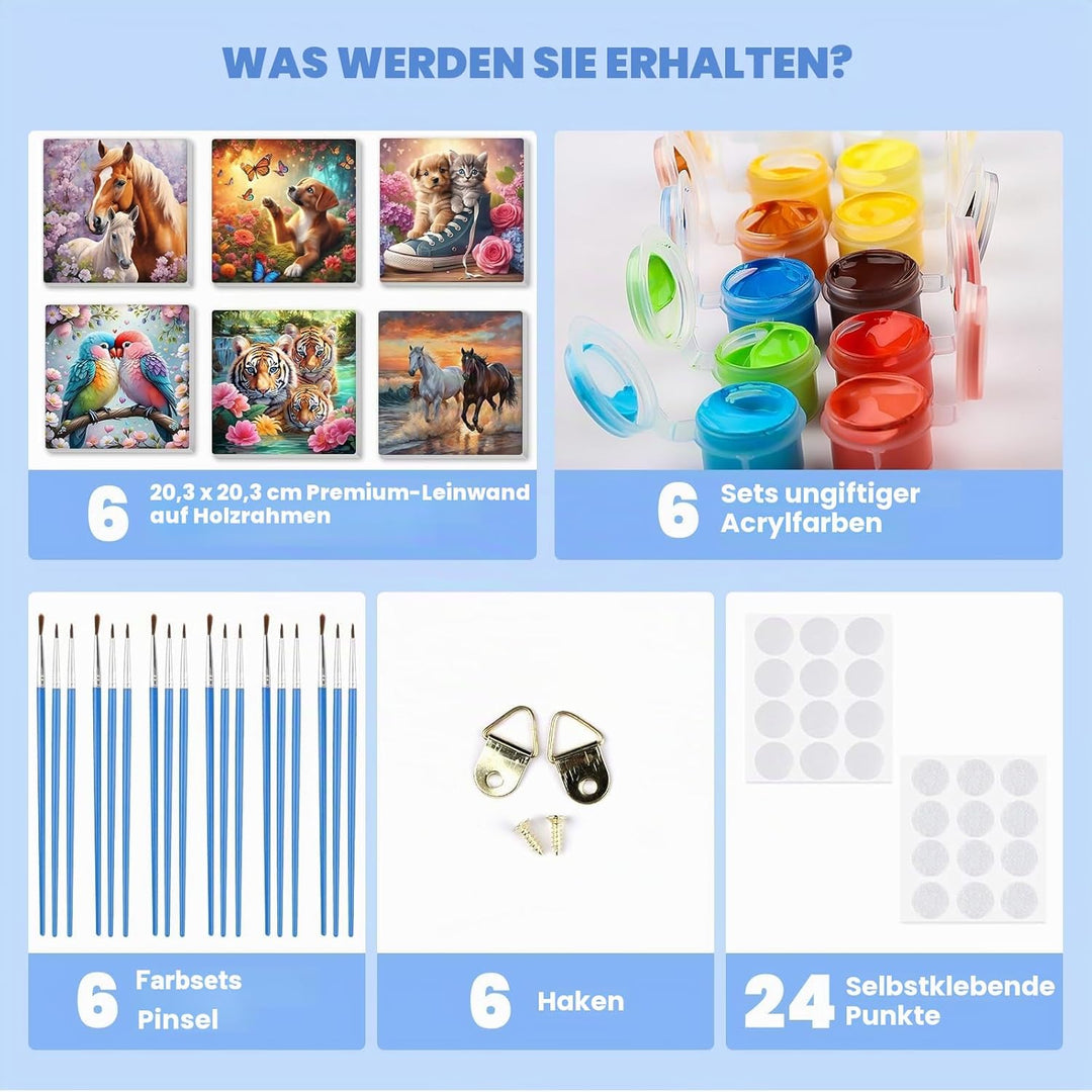 Lxmsja 6 Stück Malen Nach Zahlen Tier Erwachsene mit Rahmen, Malen Nach Zahlen Pferd Katze Vögel Tig