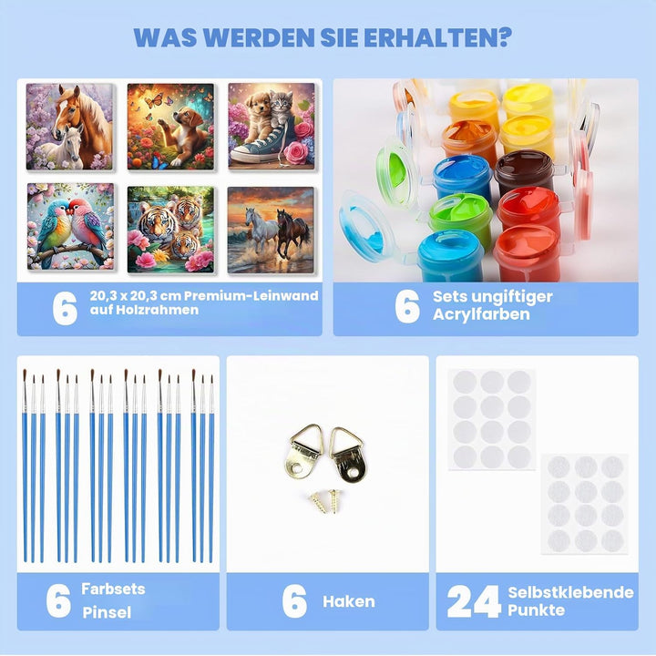 Lxmsja 6 Stück Malen Nach Zahlen Tier Erwachsene mit Rahmen, Malen Nach Zahlen Pferd Katze Vögel Tig