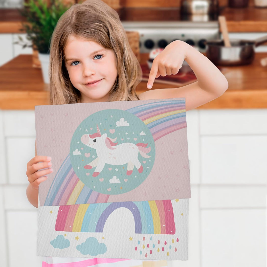 Platzset Snacks Schule Einhorn – Set 2 Stück 30 x 45 cm wasserdicht – weicher PVC-Stoff für Mädchen,