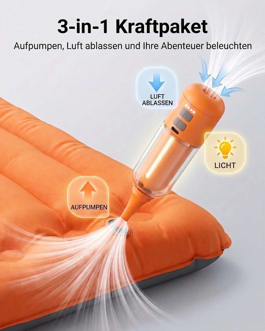Elektrische Luftpumpe Akku, 4000 Pa Mini Luftpumpe 430 L/min, Tragbare Air Pump mit 5 Düsen & LED-Li