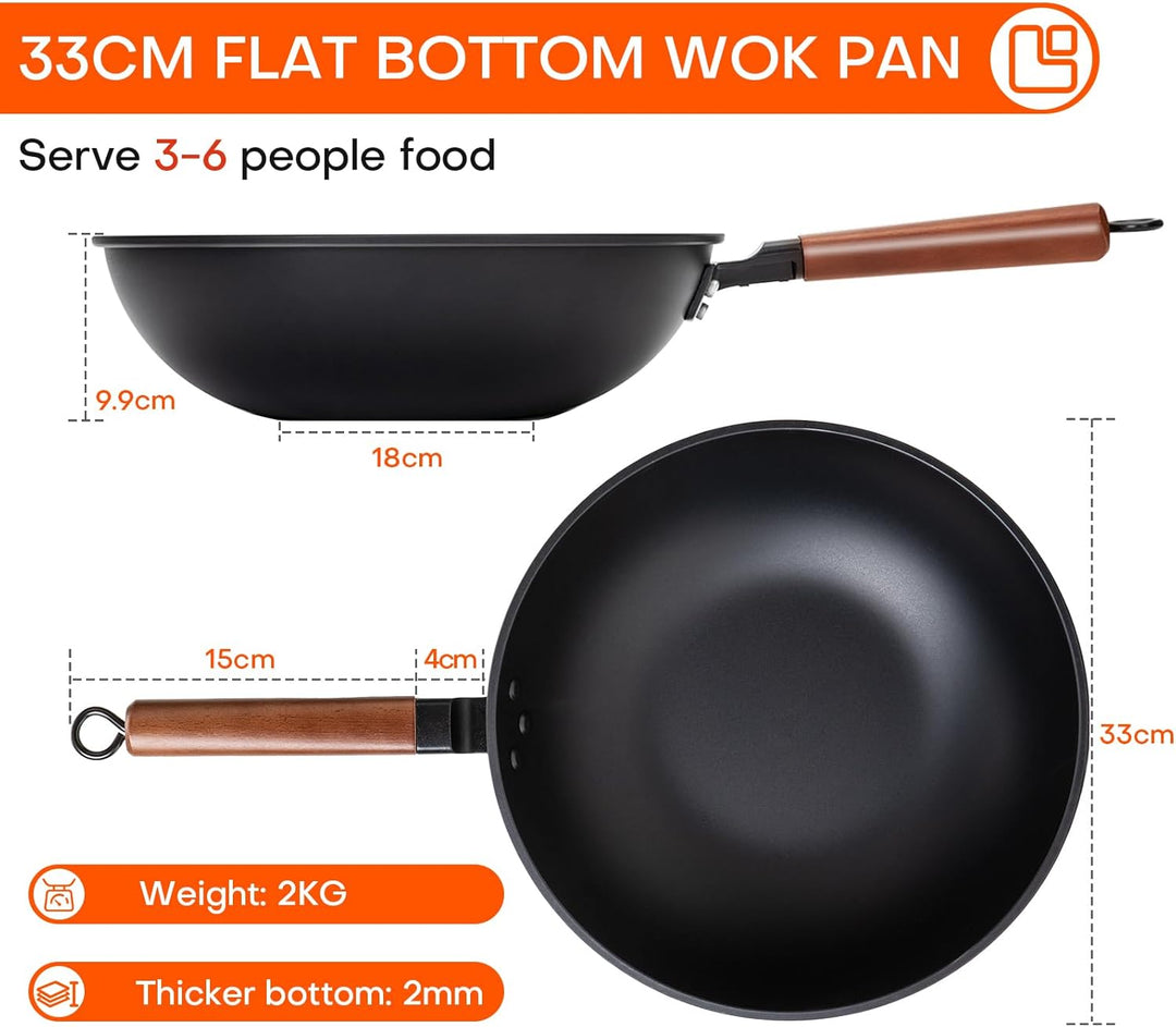 Jobin 33cm/5,6L Wokpfanne mit Eisendeckel Wok aus Kohlenstoffstahl Ohne Chemische Beschichtung und z