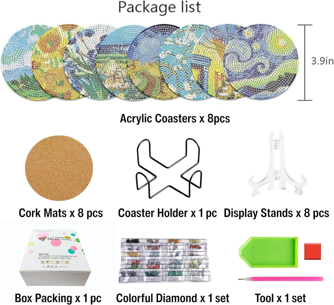 Muzagroo Art Van Gogh Diamond Painting Coasters Kits with Holder Coaster Art Kits for Beginners Diam