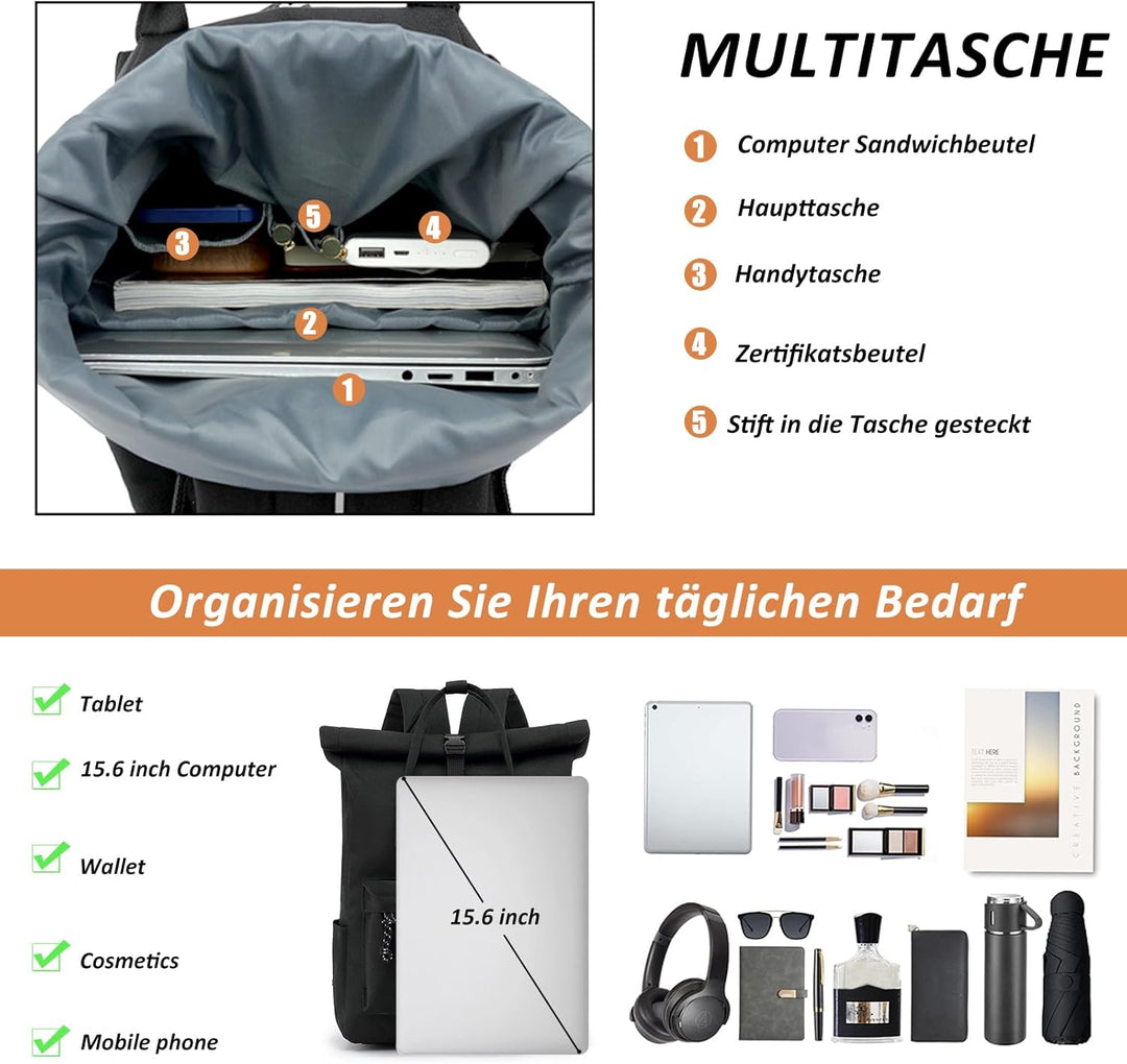 TANTOMI Laptop Rucksack, Rucksack Laptop Tasche 15,6 Zoll, Rucksack Damen und Herren weit öffenbar,