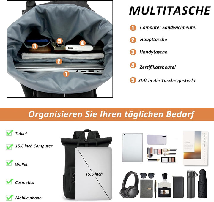 TANTOMI Laptop Rucksack, Rucksack Laptop Tasche 15,6 Zoll, Rucksack Damen und Herren weit öffenbar,