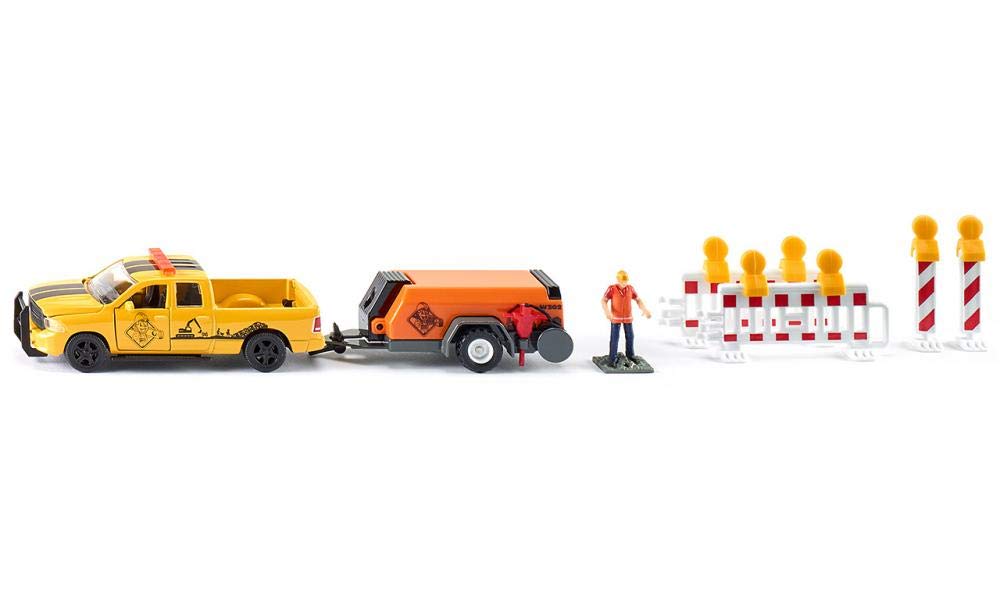 siku 3505, RAM 1500 Pick-up mit Kompressoranhänger, Schranken und Figur, 1:50, Metall/Kunststoff, Ge
