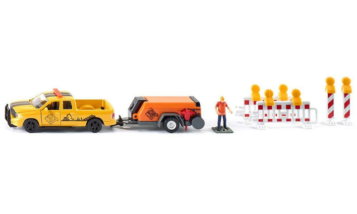 siku 3505, RAM 1500 Pick-up mit Kompressoranhänger, Schranken und Figur, 1:50, Metall/Kunststoff, Ge