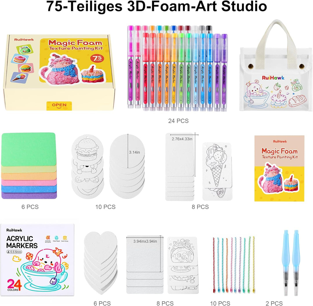 RuiHawk 75 Magic Puffy Paint Set, 3D Schaumtextur-Malset für Kinder mit 38 Blättern & 24 Acryl-Marke